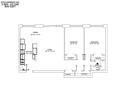 Floor plan for 2 beds, 1 bath, 1012 sqft